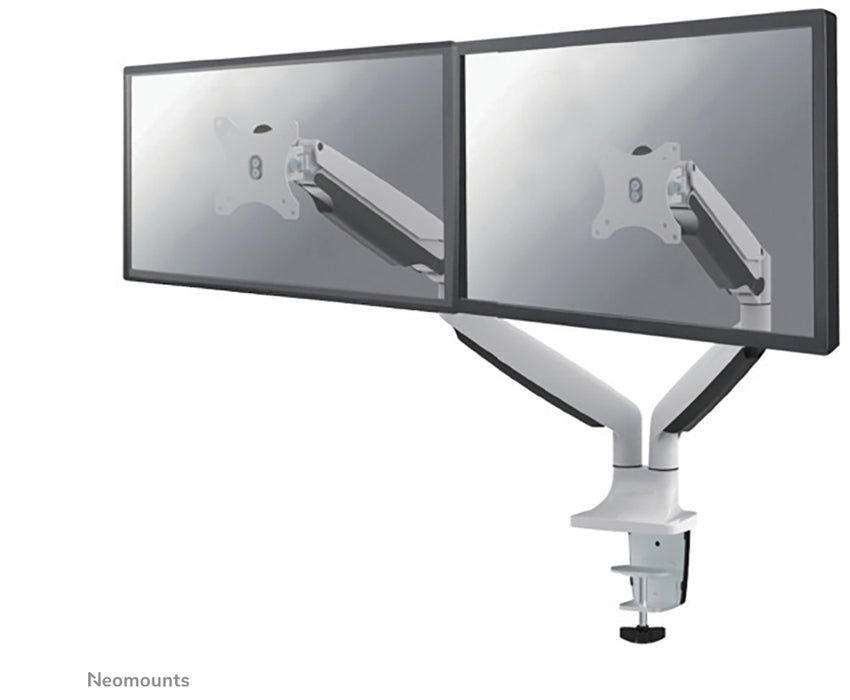 A Neomounts NM-D750D fehér egy gázrugós asztali tartó két darab, legfeljebb 32 hüvelykes (82 cm) lapos képernyőhöz.