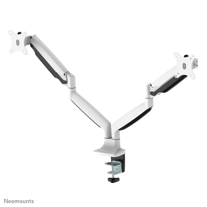A Neomounts NM-D750D fehér egy gázrugós asztali tartó két darab, legfeljebb 32 hüvelykes (82 cm) lapos képernyőhöz.