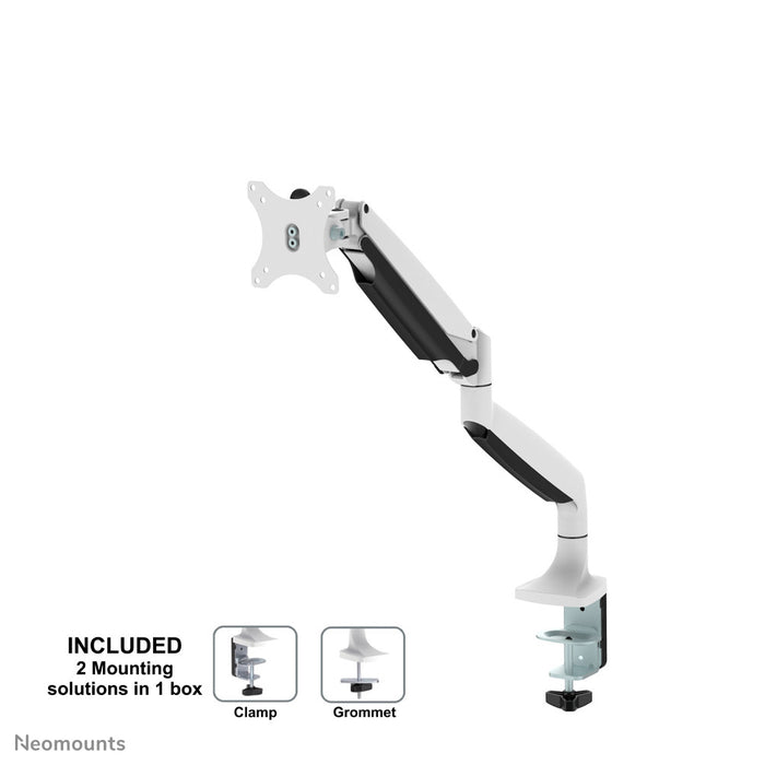 A Neomounts NM-D750 fehér egy gázrugós asztali tartó legfeljebb 32 hüvelykes (82 cm) lapos képernyőkhöz.