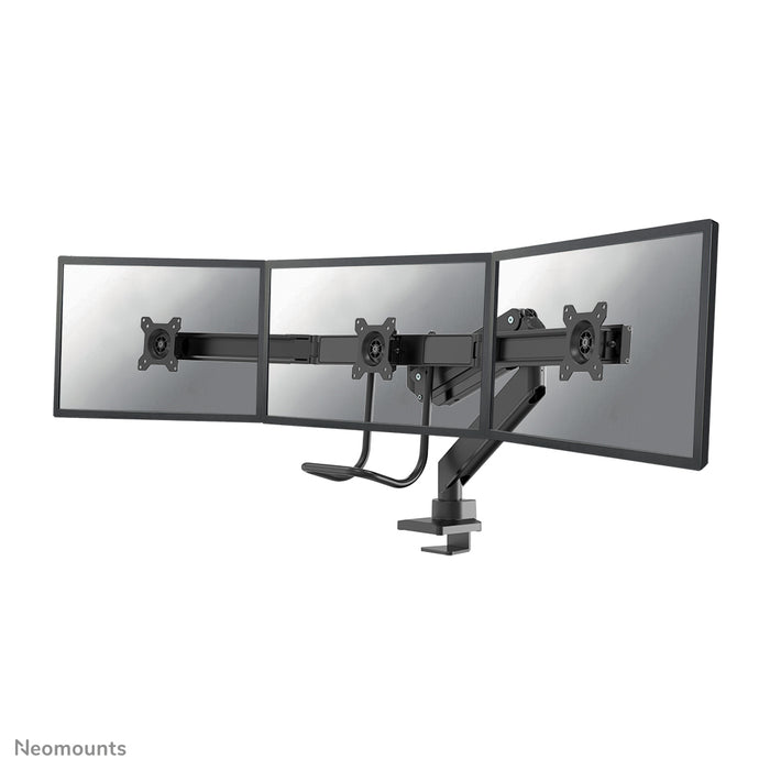 A Neomounts NM-D775DX3 fekete egy gázrugós asztali tartó keresztléc és kar segítségével legfeljebb 27 hüvelykes (68,6 cm) lapos képernyőkhöz.