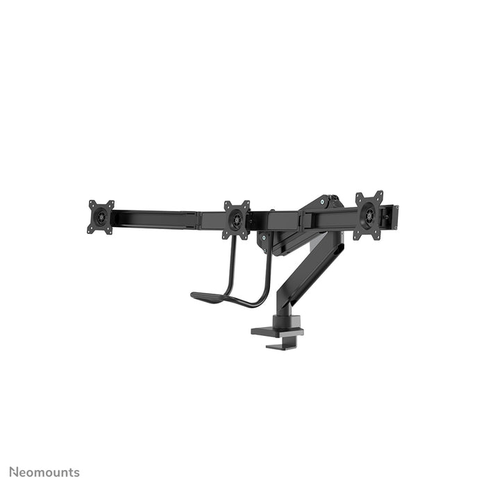 A Neomounts NM-D775DX3 fekete egy gázrugós asztali tartó keresztléc és kar segítségével legfeljebb 27 hüvelykes (68,6 cm) lapos képernyőkhöz.