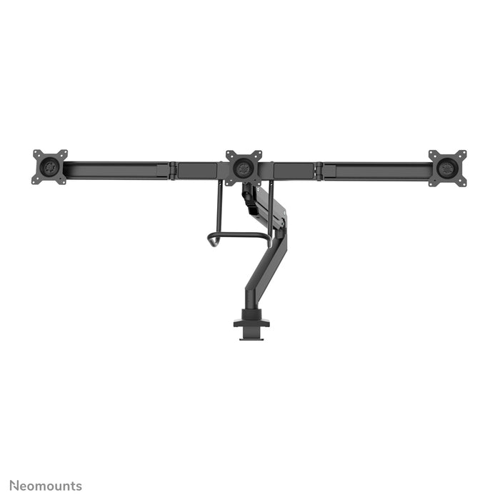 A Neomounts NM-D775DX3 fekete egy gázrugós asztali tartó keresztléc és kar segítségével legfeljebb 27 hüvelykes (68,6 cm) lapos képernyőkhöz.