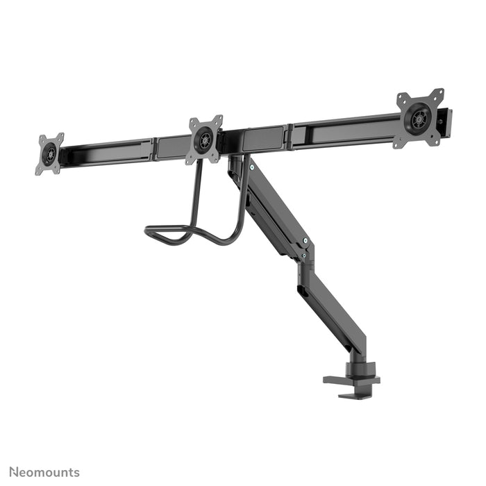 A Neomounts NM-D775DX3 fekete egy gázrugós asztali tartó keresztléc és kar segítségével legfeljebb 27 hüvelykes (68,6 cm) lapos képernyőkhöz.