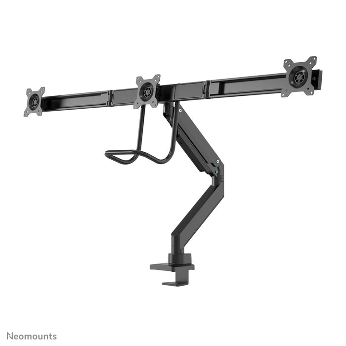 A Neomounts NM-D775DX3 fekete egy gázrugós asztali tartó keresztléc és kar segítségével legfeljebb 27 hüvelykes (68,6 cm) lapos képernyőkhöz.
