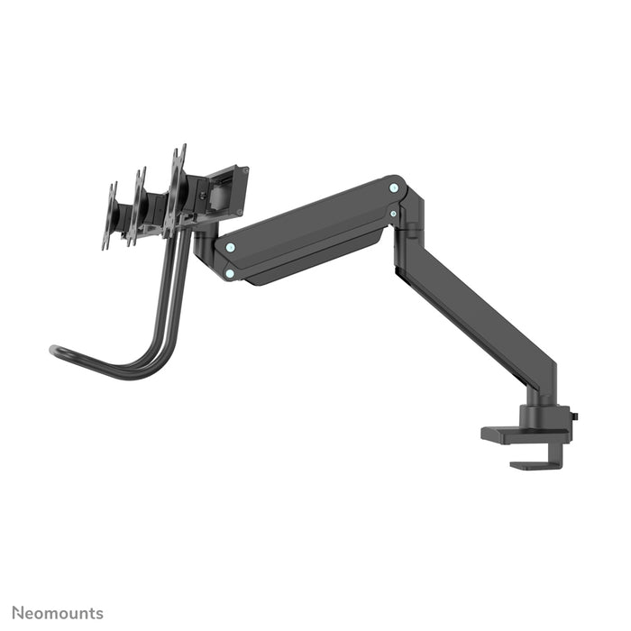 A Neomounts NM-D775DX3 fekete egy gázrugós asztali tartó keresztléc és kar segítségével legfeljebb 27 hüvelykes (68,6 cm) lapos képernyőkhöz.