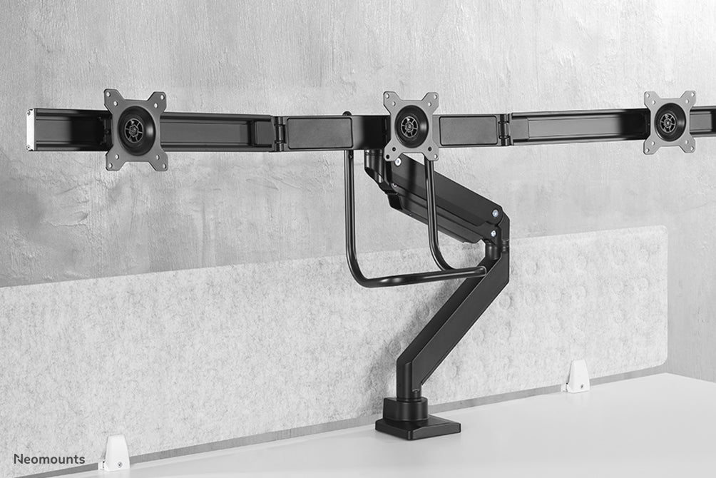 A Neomounts NM-D775DX3 fekete egy gázrugós asztali tartó keresztléc és kar segítségével legfeljebb 27 hüvelykes (68,6 cm) lapos képernyőkhöz.
