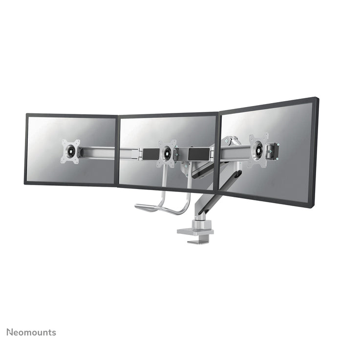 A Neomounts NM-D775DX3 ezüst egy gázrugós asztali tartó keresztléc és kar segítségével legfeljebb 27 hüvelykes (68,6 cm) lapos képernyőkhöz.