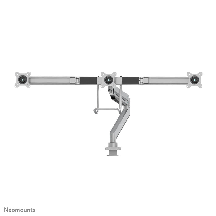 A Neomounts NM-D775DX3 ezüst egy gázrugós asztali tartó keresztléc és kar segítségével legfeljebb 27 hüvelykes (68,6 cm) lapos képernyőkhöz.