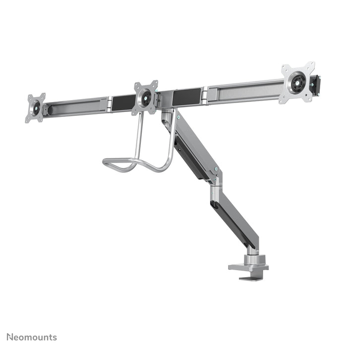 A Neomounts NM-D775DX3 ezüst egy gázrugós asztali tartó keresztléc és kar segítségével legfeljebb 27 hüvelykes (68,6 cm) lapos képernyőkhöz.