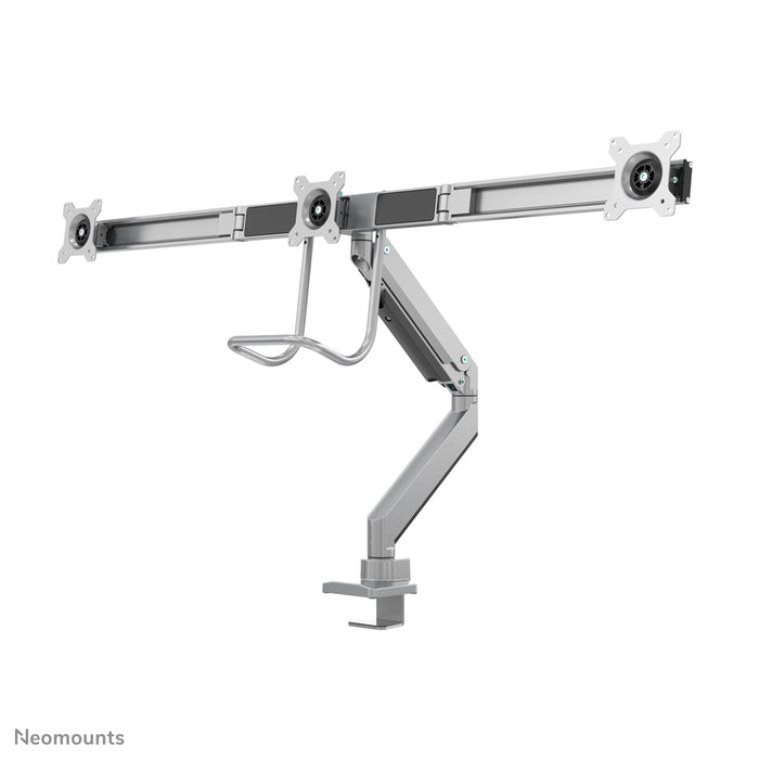 A Neomounts NM-D775DX3 ezüst egy gázrugós asztali tartó keresztléc és kar segítségével legfeljebb 27 hüvelykes (68,6 cm) lapos képernyőkhöz.