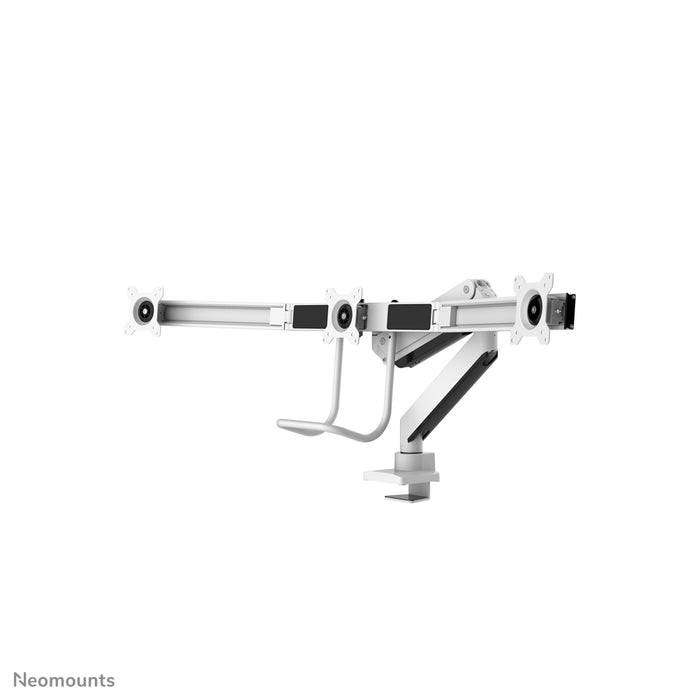 A Neomounts NM-D775DX3 fehér egy gázrugós asztali tartó keresztléc és kar segítségével legfeljebb 27 hüvelykes (68,6 cm) lapos képernyőkhöz.