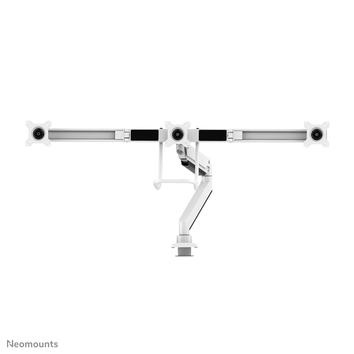 A Neomounts NM-D775DX3 fehér egy gázrugós asztali tartó keresztléc és kar segítségével legfeljebb 27 hüvelykes (68,6 cm) lapos képernyőkhöz.