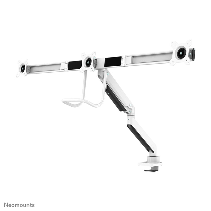 A Neomounts NM-D775DX3 fehér egy gázrugós asztali tartó keresztléc és kar segítségével legfeljebb 27 hüvelykes (68,6 cm) lapos képernyőkhöz.