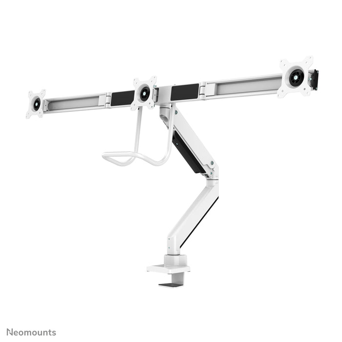 A Neomounts NM-D775DX3 fehér egy gázrugós asztali tartó keresztléc és kar segítségével legfeljebb 27 hüvelykes (68,6 cm) lapos képernyőkhöz.