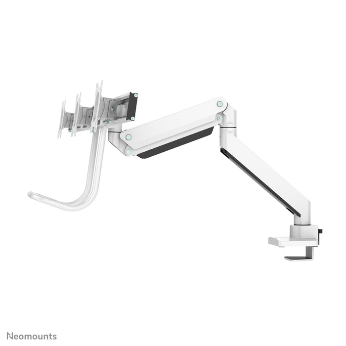 A Neomounts NM-D775DX3 fehér egy gázrugós asztali tartó keresztléc és kar segítségével legfeljebb 27 hüvelykes (68,6 cm) lapos képernyőkhöz.