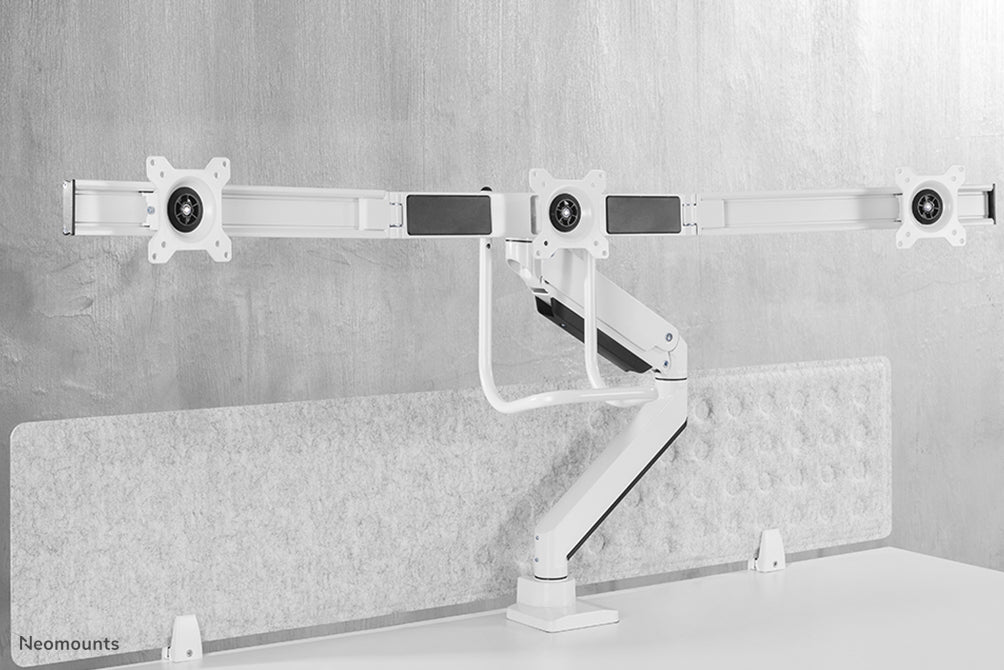 A Neomounts NM-D775DX3 fehér egy gázrugós asztali tartó keresztléc és kar segítségével legfeljebb 27 hüvelykes (68,6 cm) lapos képernyőkhöz.