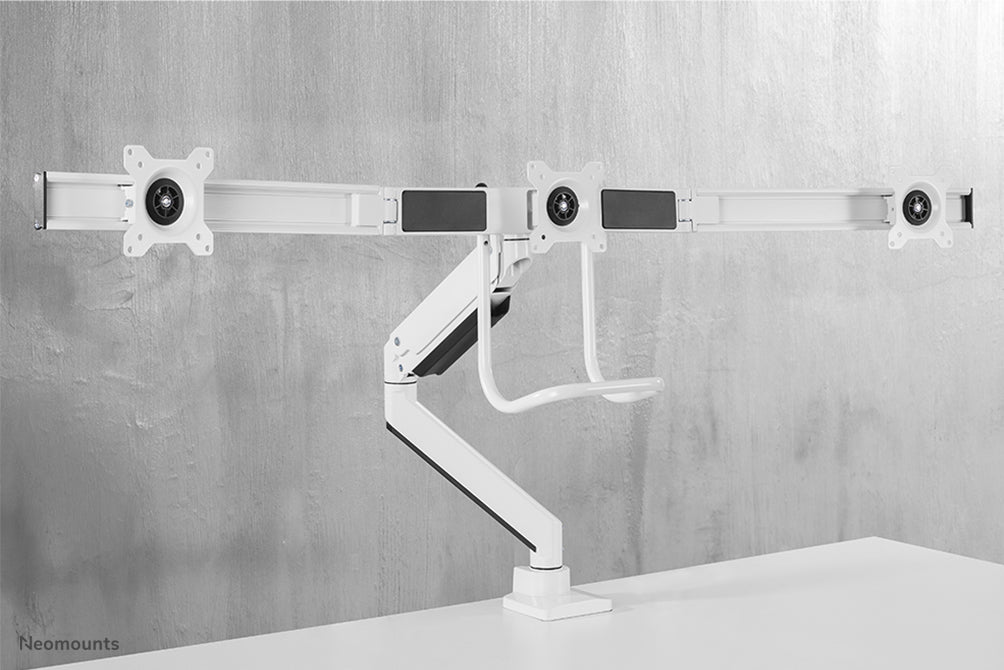 A Neomounts NM-D775DX3 fehér egy gázrugós asztali tartó keresztléc és kar segítségével legfeljebb 27 hüvelykes (68,6 cm) lapos képernyőkhöz.