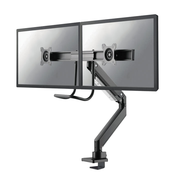 A Neomounts NM-D775DX fekete egy gázrugós asztali tartó keresztléc és kar segítségével legfeljebb 32 hüvelykes (81 cm) lapos képernyőkhöz.