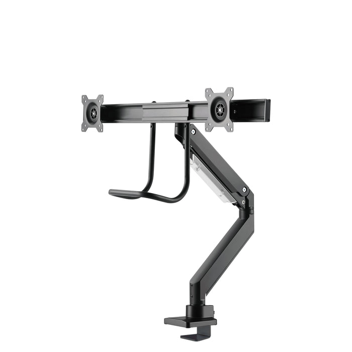 A Neomounts NM-D775DX fekete egy gázrugós asztali tartó keresztléc és kar segítségével legfeljebb 32 hüvelykes (81 cm) lapos képernyőkhöz.