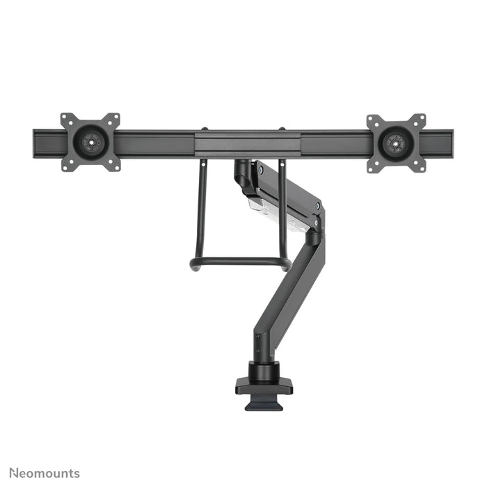 A Neomounts NM-D775DX fekete egy gázrugós asztali tartó keresztléc és kar segítségével legfeljebb 32 hüvelykes (81 cm) lapos képernyőkhöz.