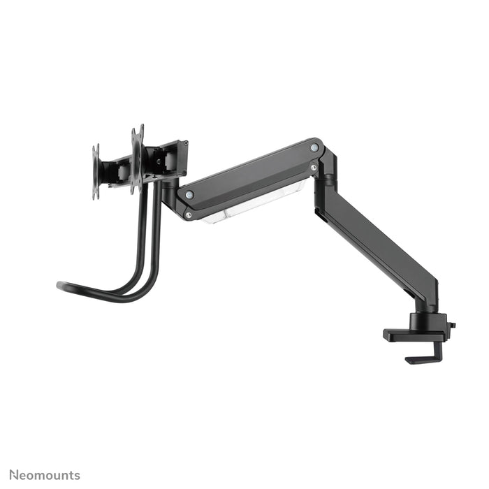 A Neomounts NM-D775DX fekete egy gázrugós asztali tartó keresztléc és kar segítségével legfeljebb 32 hüvelykes (81 cm) lapos képernyőkhöz.