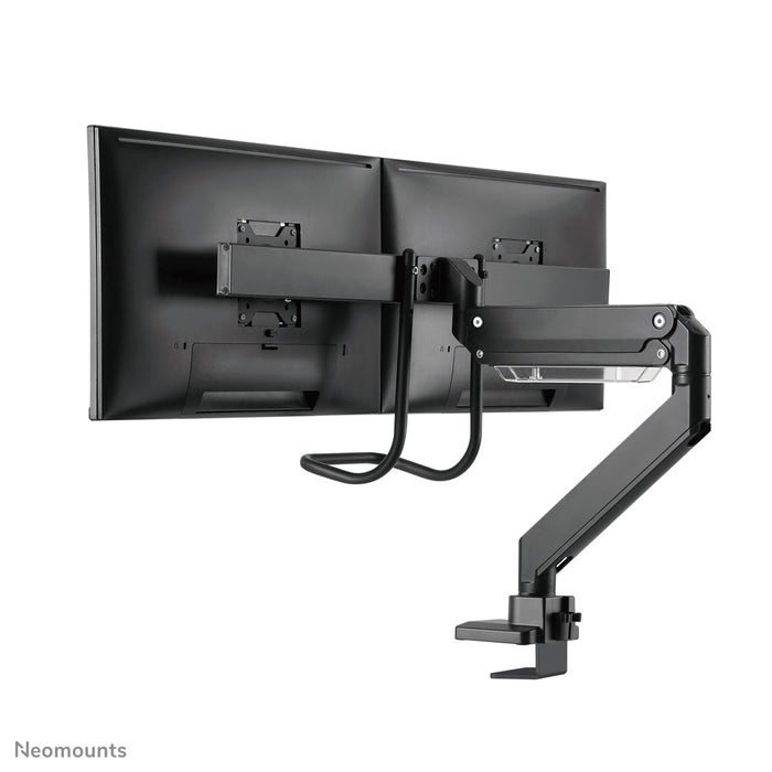 A Neomounts NM-D775DX fekete egy gázrugós asztali tartó keresztléc és kar segítségével legfeljebb 32 hüvelykes (81 cm) lapos képernyőkhöz.