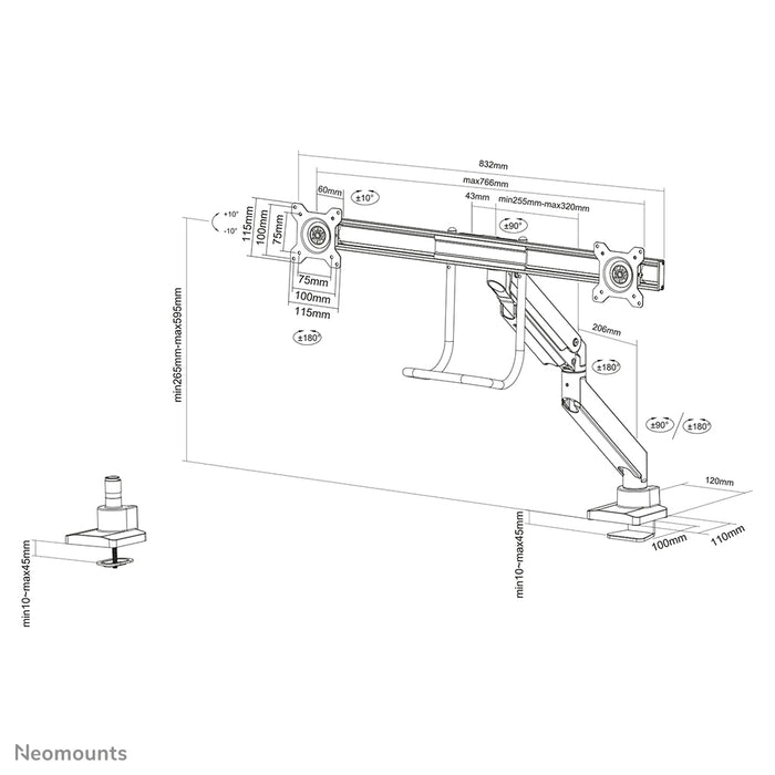 A Neomounts NM-D775DX fekete egy gázrugós asztali tartó keresztléc és kar segítségével legfeljebb 32 hüvelykes (81 cm) lapos képernyőkhöz.