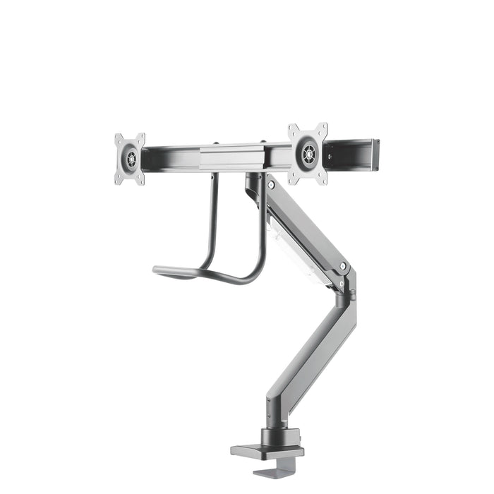 A Neomounts NM-D775DX ezüst egy gázrugós asztali tartó keresztléc és kar segítségével legfeljebb 32 hüvelykes (81 cm) lapos képernyőkhöz.
