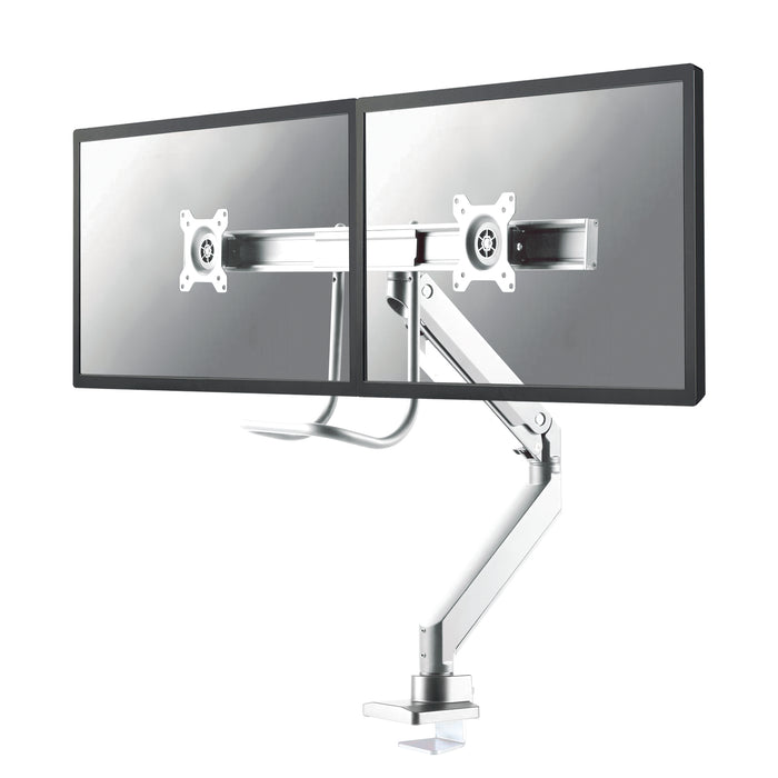 A Neomounts NM-D775DX fehér egy gázrugós asztali tartó keresztléc és kar segítségével legfeljebb 32 hüvelykes (81 cm) lapos képernyőkhöz.