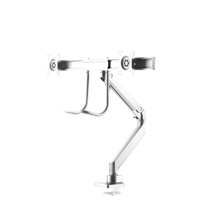 A Neomounts NM-D775DX fehér egy gázrugós asztali tartó keresztléc és kar segítségével legfeljebb 32 hüvelykes (81 cm) lapos képernyőkhöz.