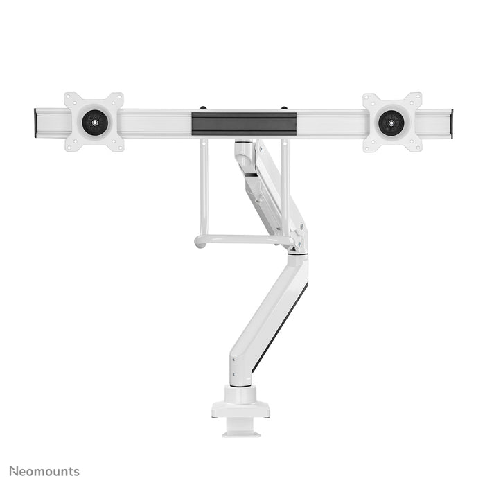 A Neomounts NM-D775DX fehér egy gázrugós asztali tartó keresztléc és kar segítségével legfeljebb 32 hüvelykes (81 cm) lapos képernyőkhöz.