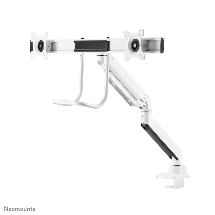 A Neomounts NM-D775DX fehér egy gázrugós asztali tartó keresztléc és kar segítségével legfeljebb 32 hüvelykes (81 cm) lapos képernyőkhöz.