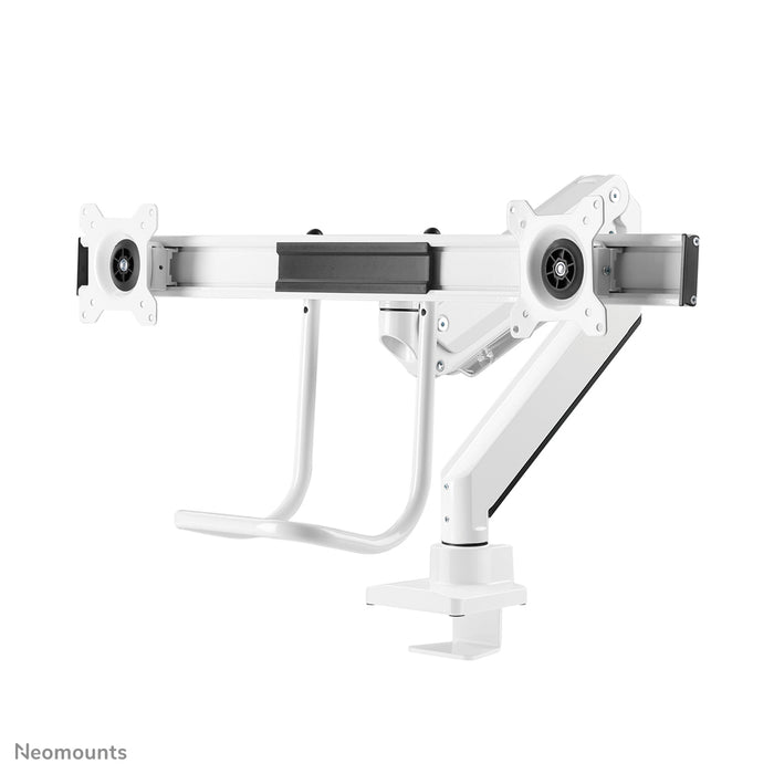 A Neomounts NM-D775DX fehér egy gázrugós asztali tartó keresztléc és kar segítségével legfeljebb 32 hüvelykes (81 cm) lapos képernyőkhöz.