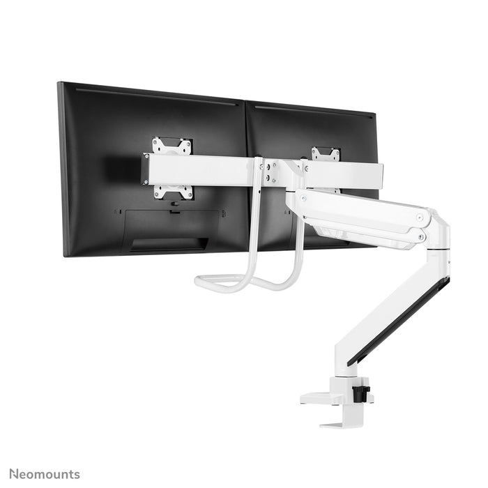 A Neomounts NM-D775DX fehér egy gázrugós asztali tartó keresztléc és kar segítségével legfeljebb 32 hüvelykes (81 cm) lapos képernyőkhöz.