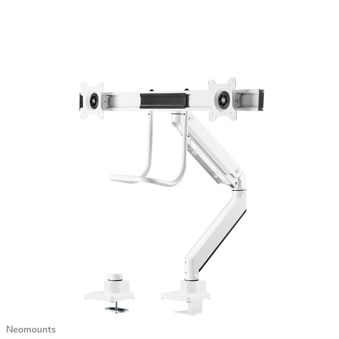 A Neomounts NM-D775DX fehér egy gázrugós asztali tartó keresztléc és kar segítségével legfeljebb 32 hüvelykes (81 cm) lapos képernyőkhöz.