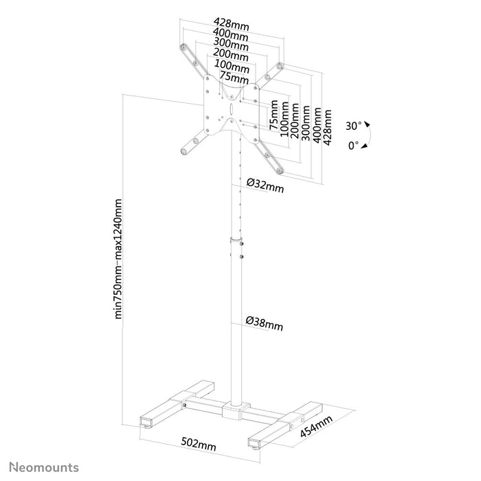 A Neomounts NS-FS100 fekete bútor LCD/LED/Plazma képernyőkhöz akár 55 hüvelykig (140 cm). Magasságállítás: 75-124 cm.