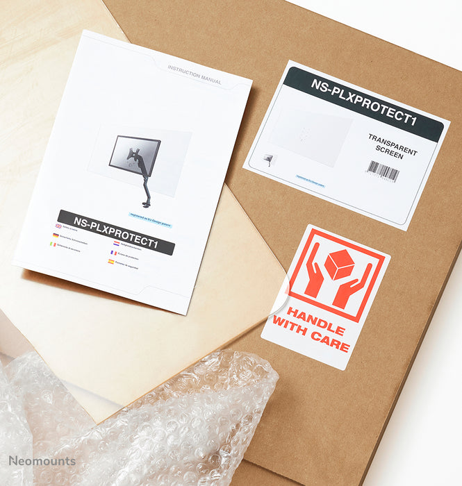 A Neomounts NS-PLXPROTECT2 egy átlátszó képernyő 2 lapos képernyőhöz, amely távolságtartó védelmet nyújt a munkahelyen - Átlátszó akril, 100% újrahasznosítható | A PLXPROTECT EU-formatervezési szabadalommal védett |