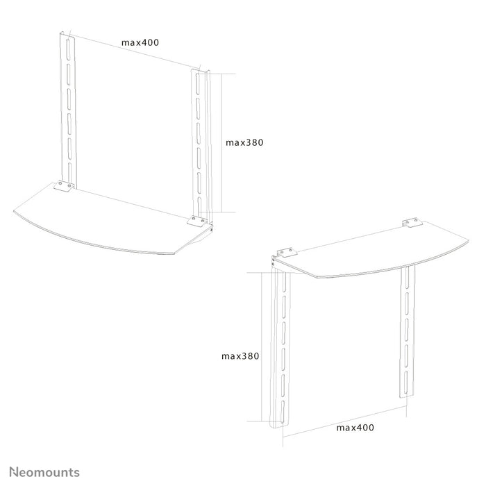 A Neomounts AV tartó, NS-SHELF100 modell, ideális AV eszközök elhelyezéséhez lapos képernyős tartók alatt.