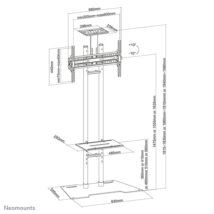 A Neomounts PLASMA-M1700ES egy bútor LCD/LED/Plazma képernyőkhöz 70 hüvelykig (178 cm). Magasságállítás: 147,5-163,5 cm.