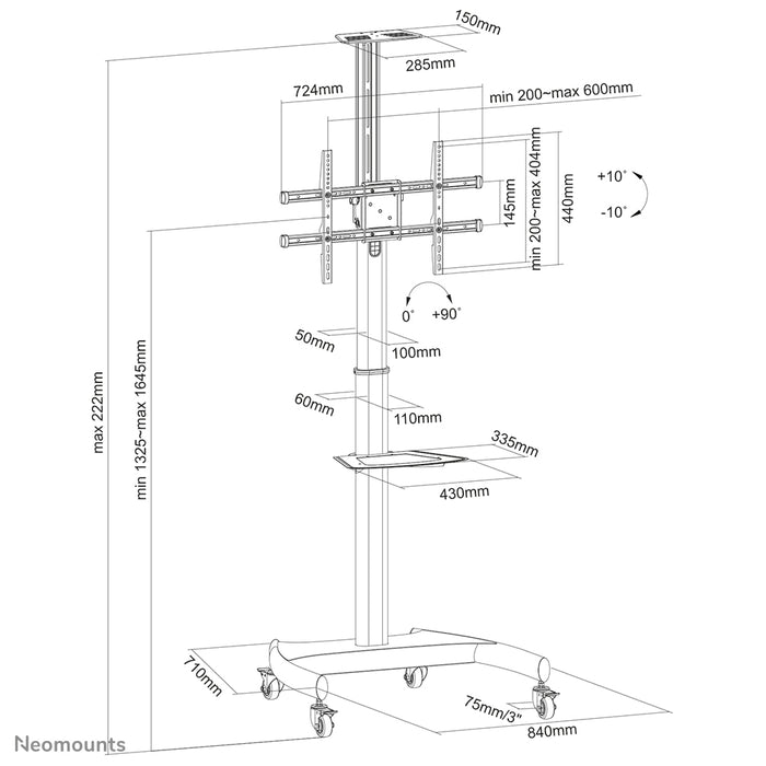 A Neomounts PLASMA-M1900E egy guruló bútor lapos képernyőkhöz 70 hüvelykig (178 cm), 90°-os forgatással - fekete