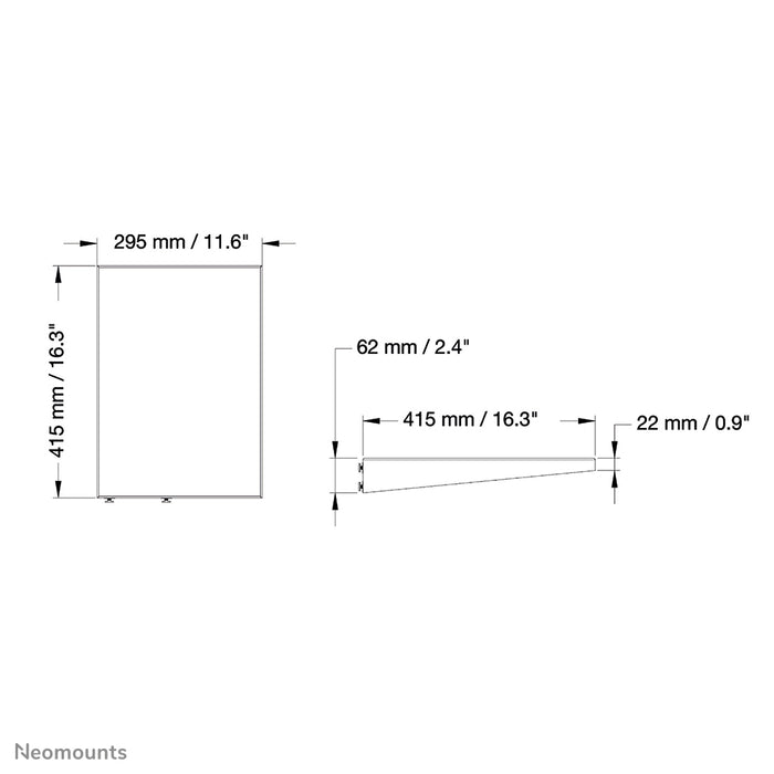 A Neomounts AV-tartó PLASMA-M2SIDESHELF egy univerzális tartó AV-készülékek elhelyezéséhez a PLASMA-M2250/W2250 és PLASMA-M2500/W2500 sorozatokon.
