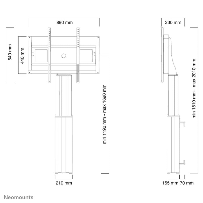 A Neomounts PLASMA-W2500 ezüst egy motoros fali tartó akár 100 hüvelykes képernyőkhöz.
