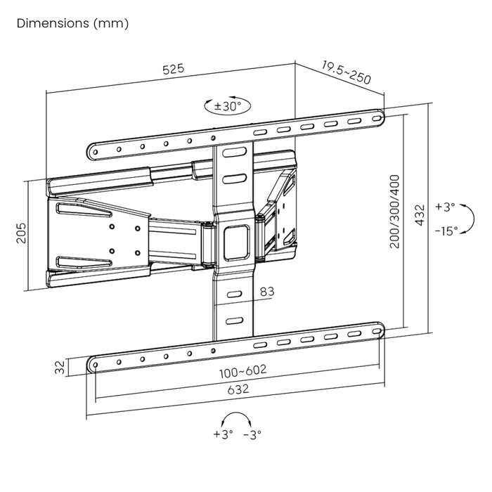 Wolff Mount ultra lapos, teljes mozgású TV fali konzol | Távolság 19,5-től 250 mm-ig | Forgatható, dönthető | VESA 600x400 | Univerzális