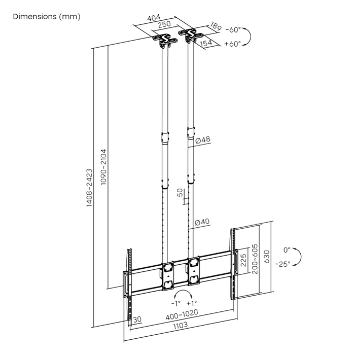 Heavy Duty XL mennyezeti konzol dupla rúddal, 60-120 hüvelyk és 120 kg teherbírással