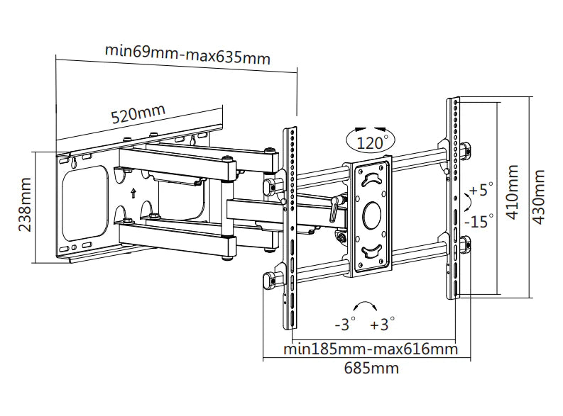 Wolff Mount Erős TV Fali Konzol 37-től 90 hüvelykig | 63 cm a faltól | Forgatható | Akár 60 kg-ig | VESA 600x400 | Univerzális
