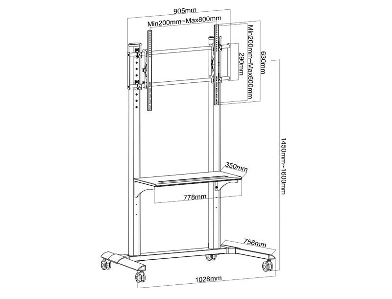 Görgős TV állvány akár 100 hüvelykig – nagy teherbírású | Wolff Mount | VESA 800x600 | 80 KG