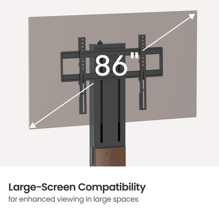 Wolff Mount – Szabadon álló prémium TV padlóállvány FreeLift™ technológiával – Egyujjas magasságállítás – Akár 86 hüvelykes TV-khez – Extra nagy masszív talp – Kábelrendezés – Fekete/dió